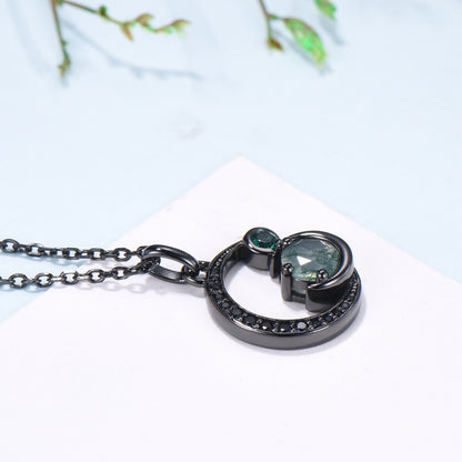 Unique Black Gold Green Moss Agate Necklace Magic Crescent Moon Dainty Agate Pendant Necklace Halloween Gothic Anniversary Gift for Daughter - PENFINE