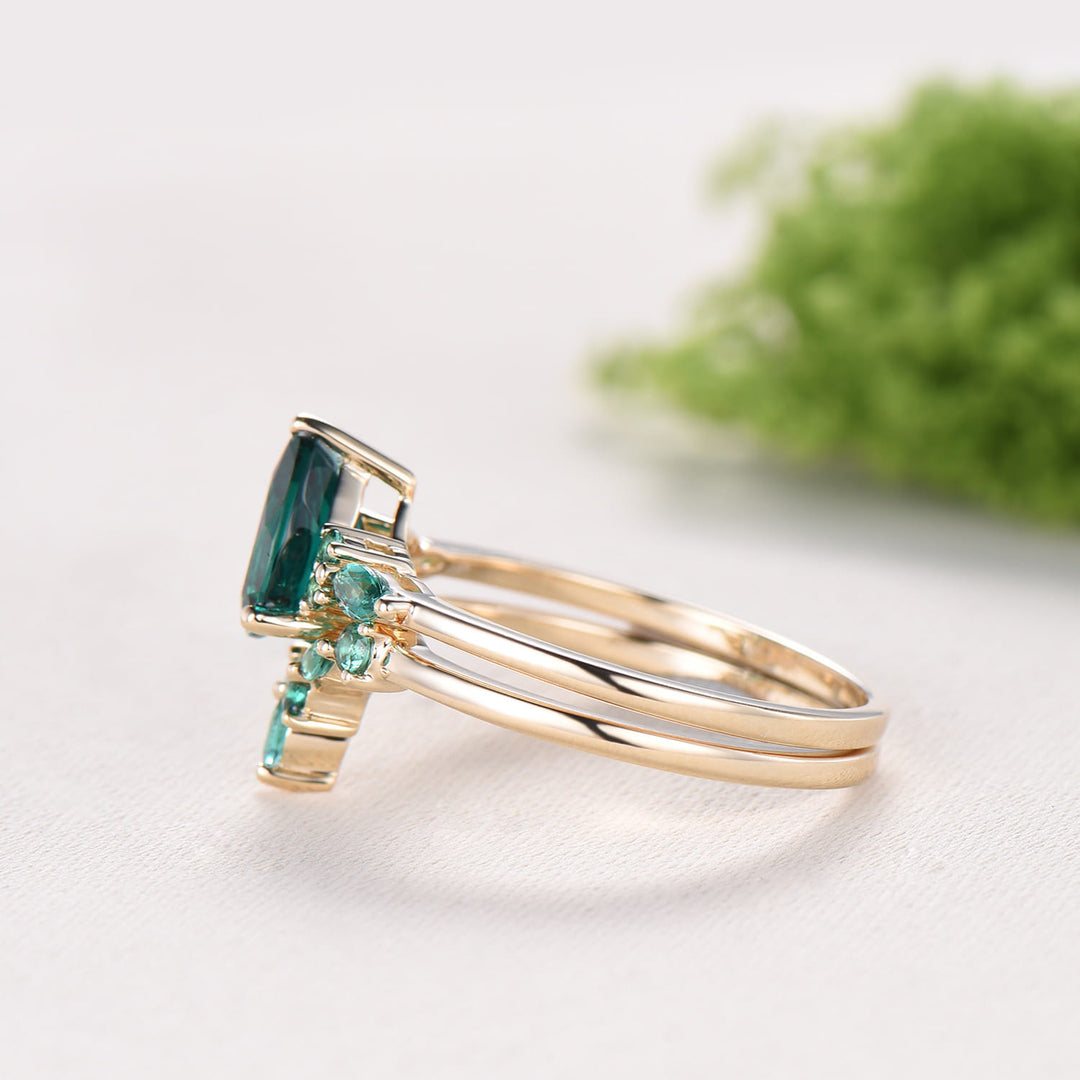 Vintage Pear Shaped Emerald Engagement Ring Set Retro Marquise Emerald Wedding Ring Set Art Deco Green Gemstone Anniversary Bridal Ring Set - PENFINE