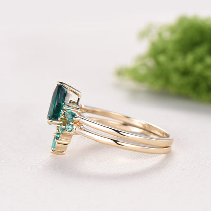 Vintage Pear Shaped Emerald Engagement Ring Set Retro Marquise Emerald Wedding Ring Set Art Deco Green Gemstone Anniversary Bridal Ring Set - PENFINE