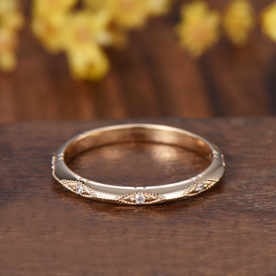 Art Deco Milgrain Diamond Wedding Band, 14K Yellow Gold Vintage Marquise Stacking Ring