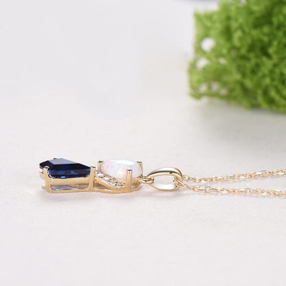 Unique Opal Sapphire Necklace Pendant Women Alternative Moissanite Pear Shaped Opal & Kite Blue Sapphire