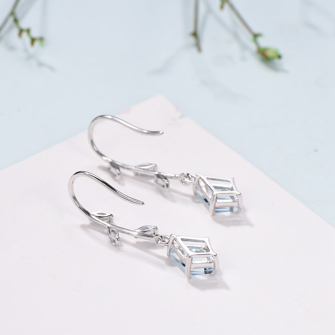 Kite Cut Aquamarine 14k White Gold Earrings, Brnach Vine, March Birthstone - PENFINE
