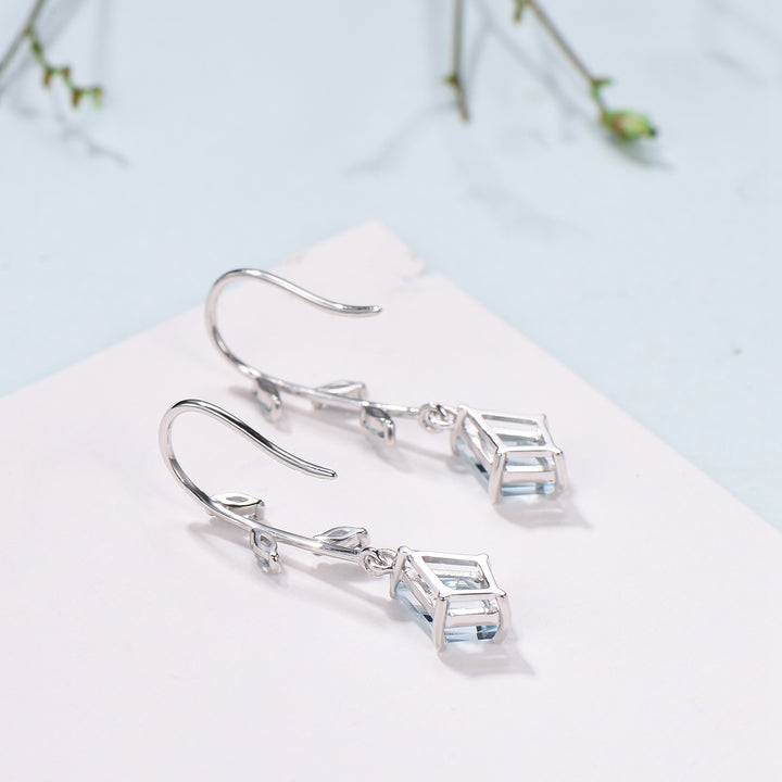 Kite Cut Aquamarine 14k White Gold Earrings, Brnach Vine, March Birthstone - PENFINE