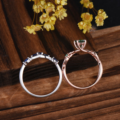 Emerald Engagement Ring Set with Blue Sapphire Wedding Band ¨C Leaf Vine Design
