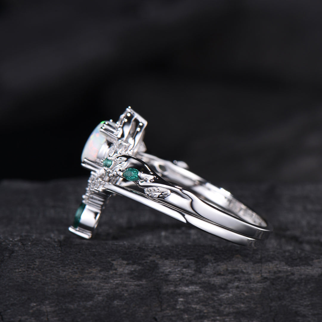 Vintage White Opal Engagement Ring Set Unique Leaves Nature Inspired Emerald Wedding Ring Set Art Deco Green Crystal Moissanite Bridal Set - PENFINE