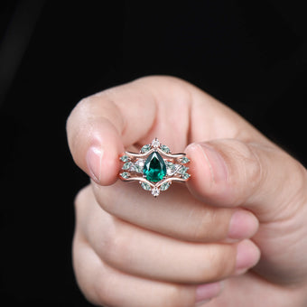 Pear Shaped Emerald Wedding Ring Set Rose Gold Cluster Enhancer Moss Agate Bridal Set