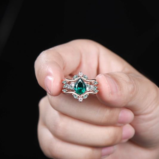 Pear Shaped Emerald Wedding Ring Set Rose Gold Cluster Enhancer Moss Agate Bridal Set