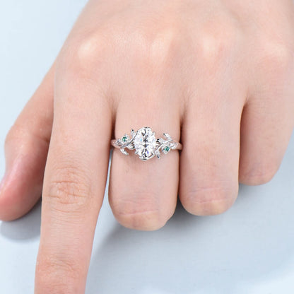 Vintage Floral moissanite emerald wedding ring set Nature Inspired flower engagement ring set unique twig leaf branch bridal ring set women - PENFINE