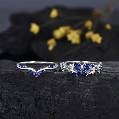 Blue Sapphire Butterfly Bridal Ring Set Leaf Twisted White Gold Engagement Ring