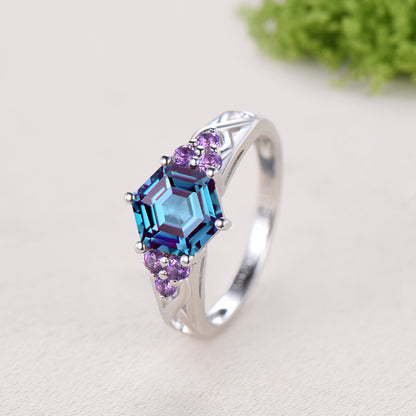 Vintage Alexandrite Engagement Ring Hexagon Cut Rose Gold Unique Cluster Amethyst Milgrain Diamond Wedding Ring Women Promise ring gift