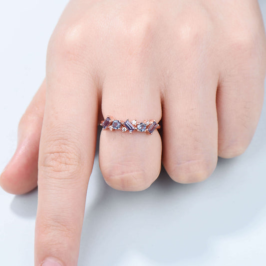Vintage Cluster Wedding Band Baguette Alexandrite Moissanite Eternity Wedding Ring Color Change Stackable Matching Band Anniversary Gift - PENFINE