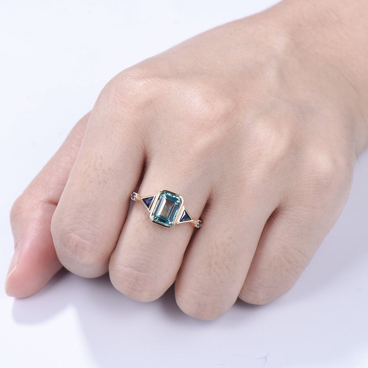 Unique Emerald Cut Green Sapphire Engagement Ring Bezel Set Trillion Blue Sapphire Five Stone Wedding Ring Anniversary Ring Gift for Women - PENFINE