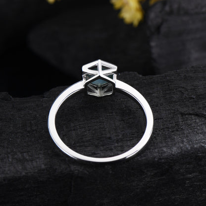 Hexagon Moss Agate Ring, 14k White Gold Solitaire, Vintage Style
