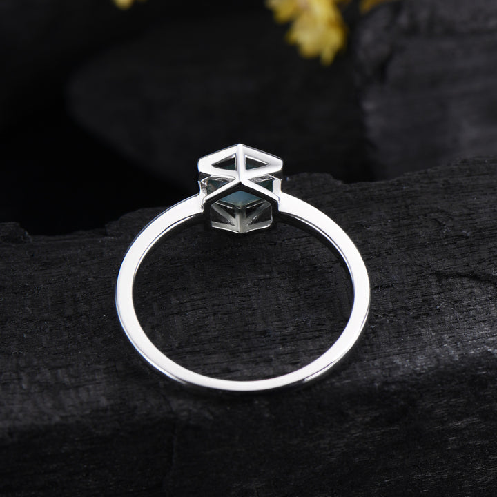 Hexagon Moss Agate Ring, 14k White Gold Solitaire, Vintage Style