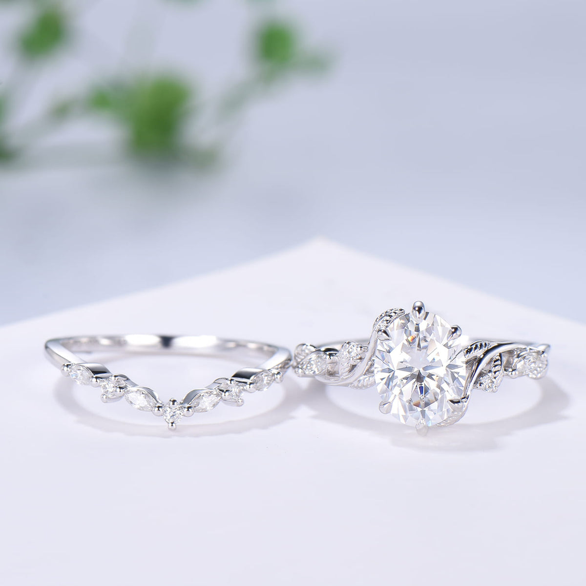Retro 2Ct 7x9mm Oval Moissanite engagement ring set nature inspired rose gold Leaf Vine wedding ring set Handmade Proposal Gifts for Women