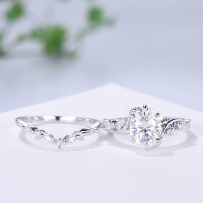 Retro 2Ct 7x9mm Oval Moissanite engagement ring set nature inspired rose gold Leaf Vine wedding ring set Handmade Proposal Gifts for Women