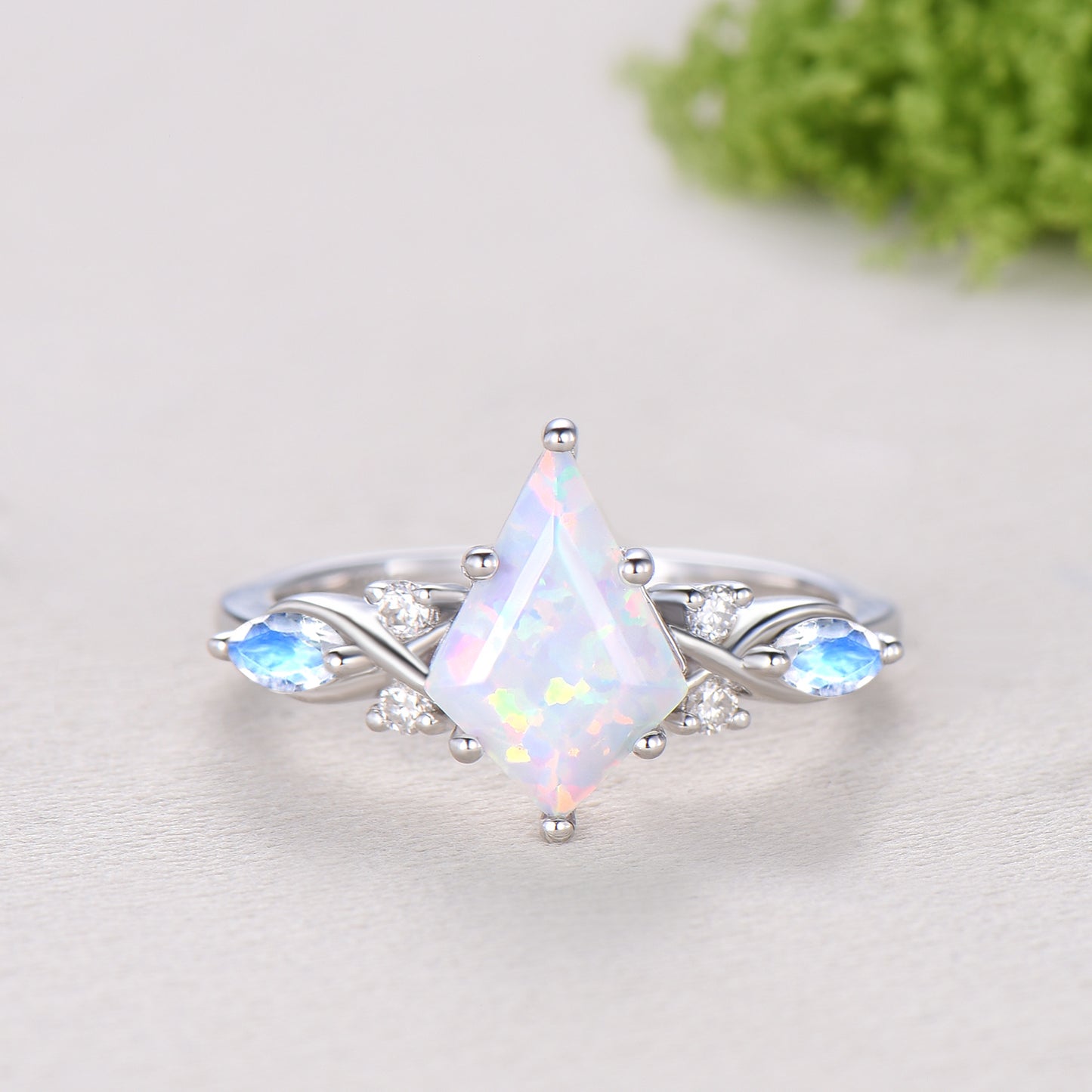 Vintage opal ring set 7x10mm kite white opal engagement ring marquise Moonstone wedding ring set unique alexandrite moissanite bridal set
