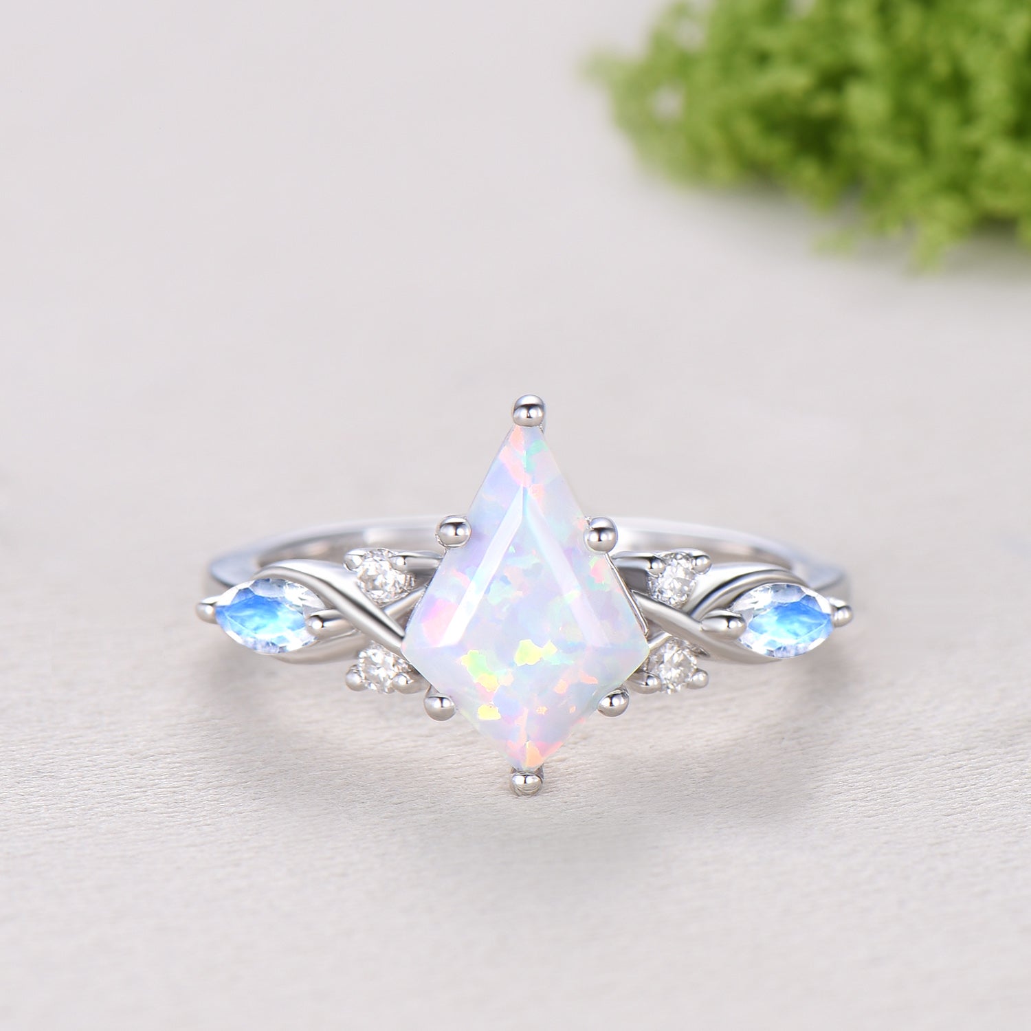 Vintage opal ring set 7x10mm kite white opal engagement ring marquise Moonstone wedding ring set unique alexandrite moissanite bridal set