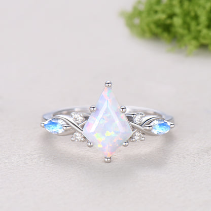 Vintage opal ring set 7x10mm kite white opal engagement ring marquise Moonstone wedding ring set unique alexandrite moissanite bridal set