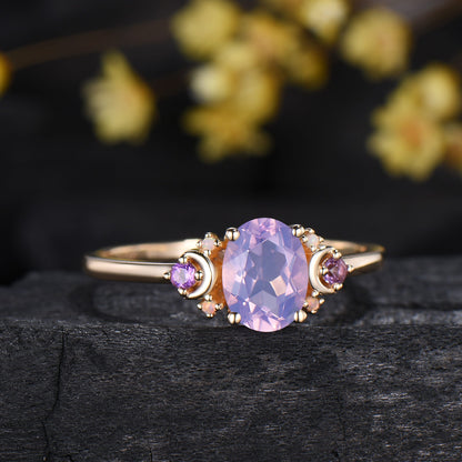 Vintage Lavender Amethyst Ring Unique Nature Inspired Purple Crystal Engagement Ring Cluster Opal Wedding Ring For Women February Birthstone