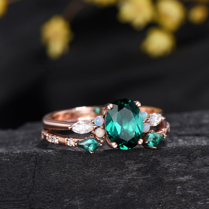1.5ct Oval Cut Emerald Engagement Ring Set 14K Rose Gold Green Wedding Ring Opal Moissanite Bridal Set Unique Anniversary Gift for Women