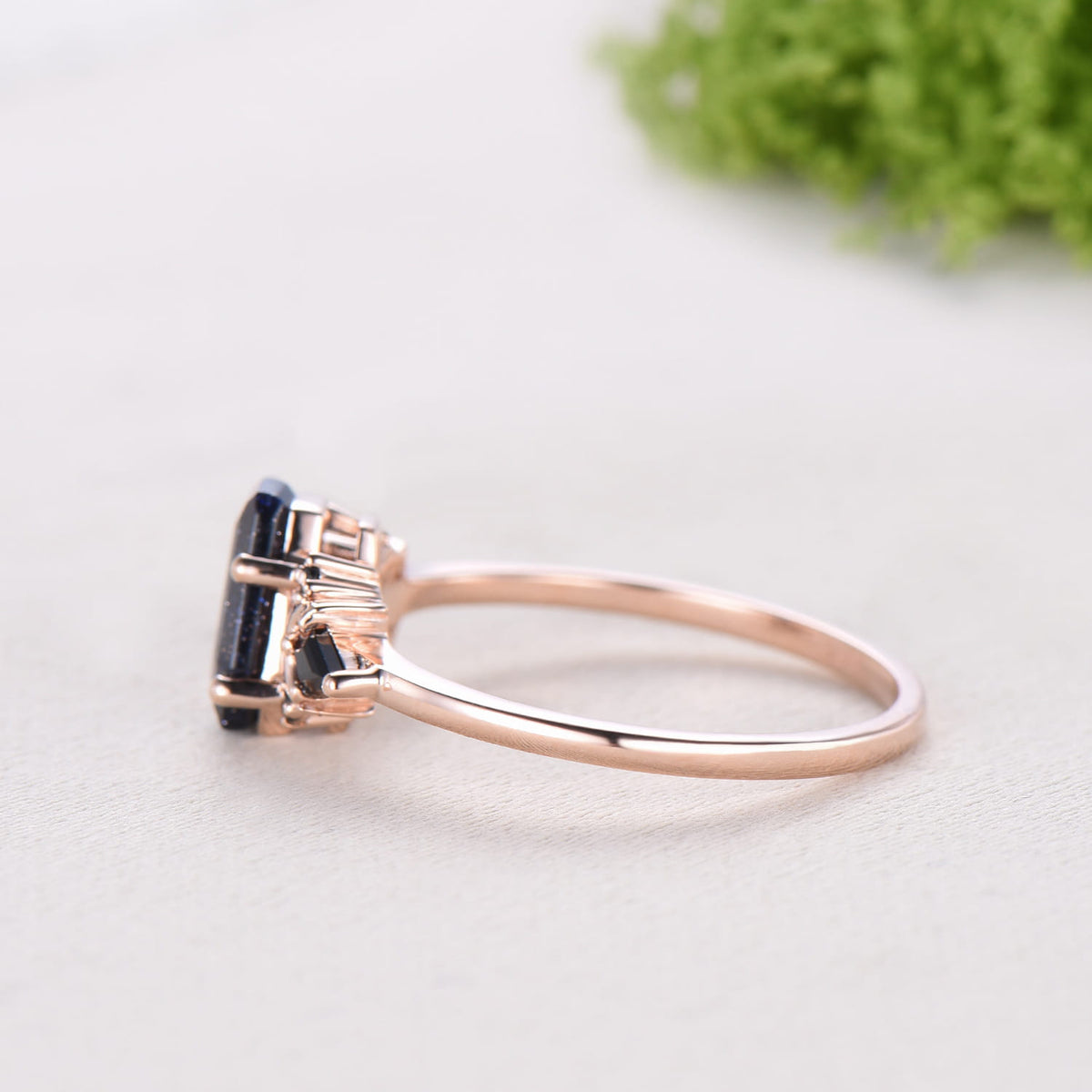 Coffin Blue Sandstone Ring, Kite Black Spinel, Rose Gold Wedding Band