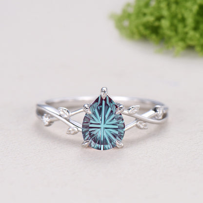 Pear Cut Starburst Alexandrite Engagement Ring Set | Twig Vine Color Change Stone Wedding Set