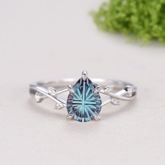Pear Cut Starburst Alexandrite Engagement Ring Set | Twig Vine Color Change Stone Wedding Set