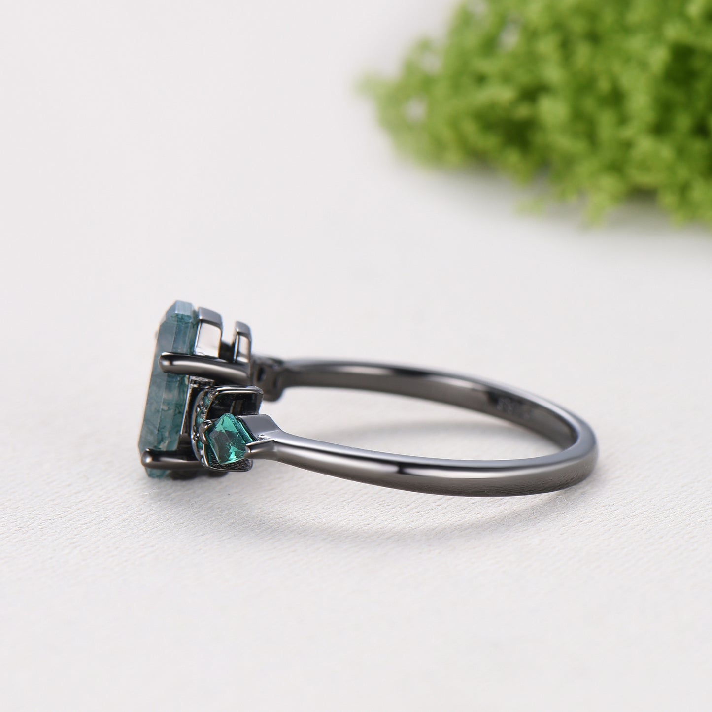 Coffin cut moss agate ring Black gold gothic engagement ring moon design cluster emerald wedding ring unique anniversary promise ring women