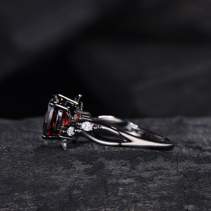 Unique Black Gold Garnet Wedding Ring Natural Inspired Gothic Oval Garnet Engagement Ring Leaves Cluster Moissanite Split Shank Wedding Ring