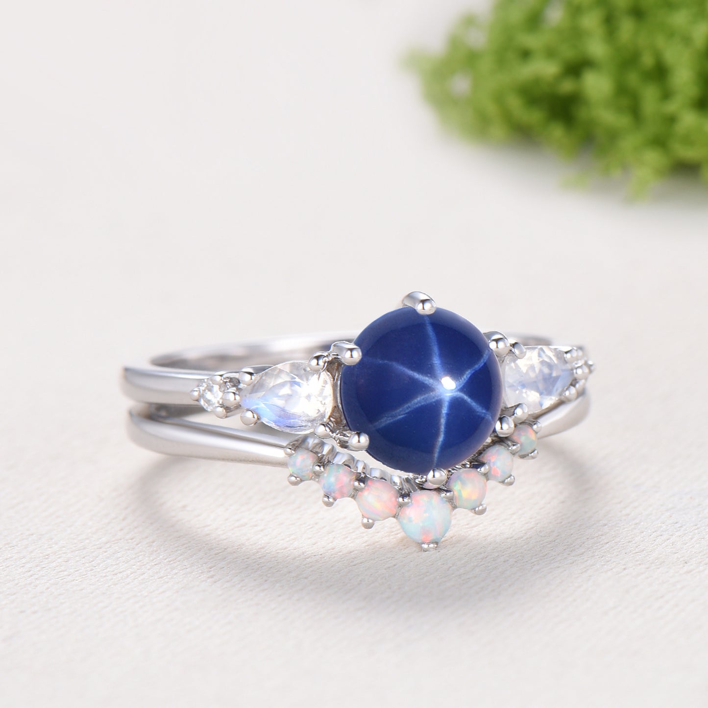 Vintage Star Sapphire Engagement Ring Set, Pear Moonstone & Opal