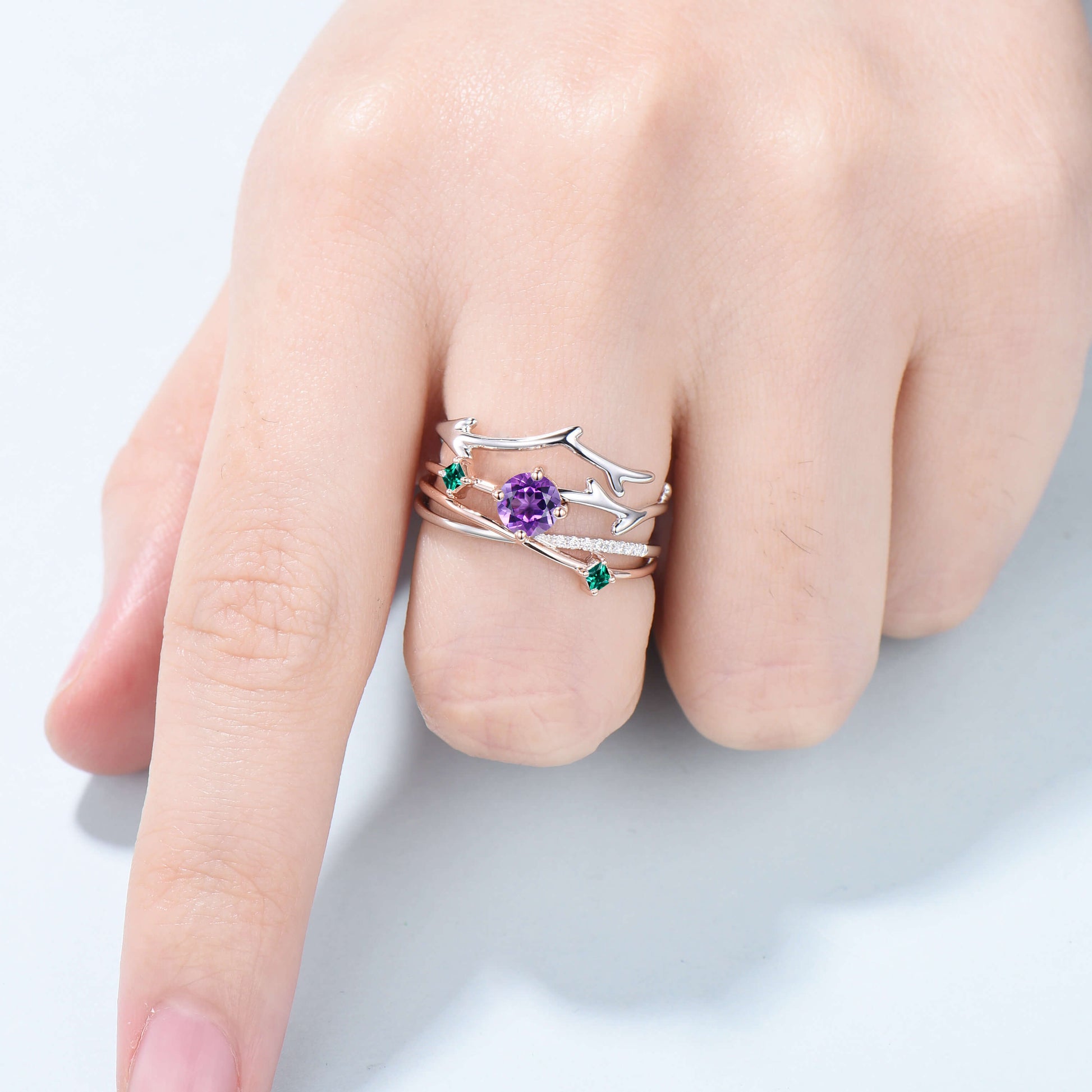 Two-tone gold Twig amethyst engagement ring set dainty Leaf green emerald branch wedding set women Unique natural inspired anniversary gift - PENFINE