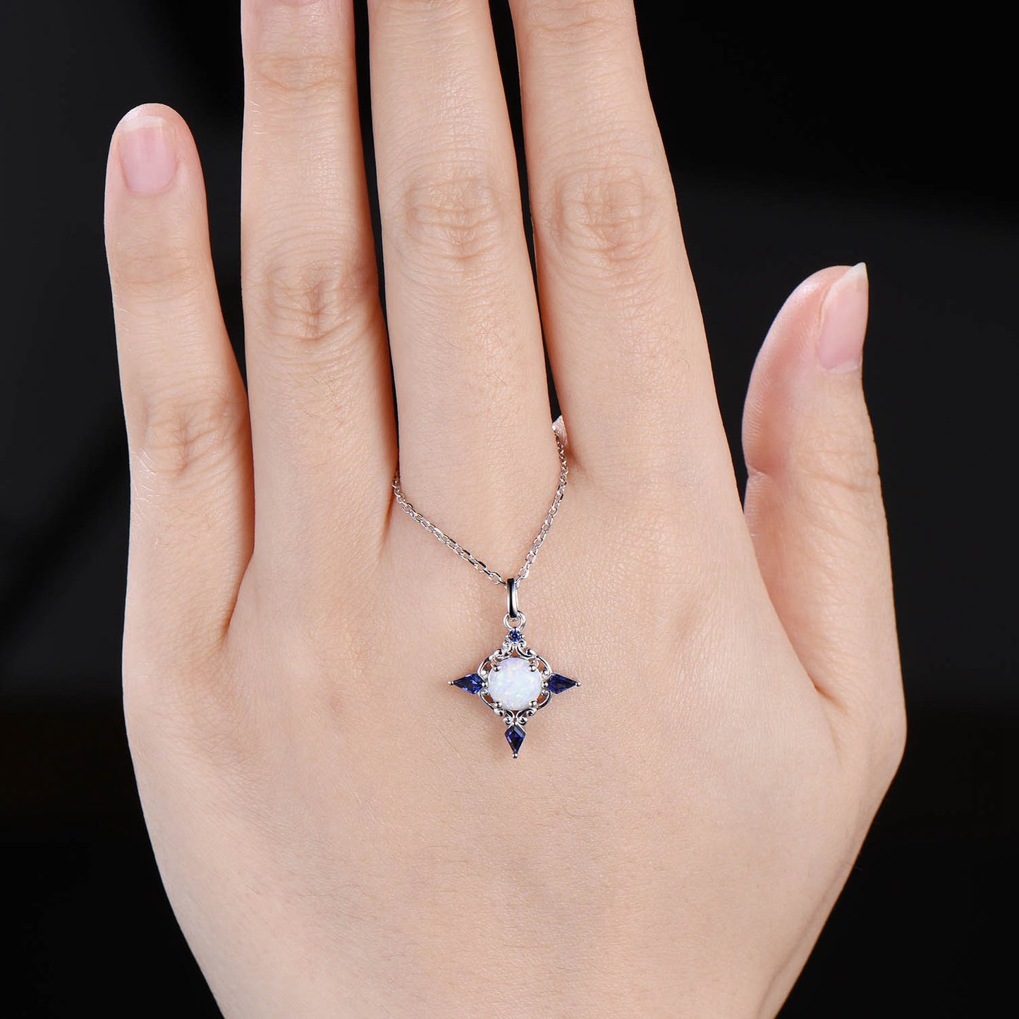 Celtic Knot Opal Pendant Necklace, 14K Rose Gold, Sapphire Accents - PENFINE