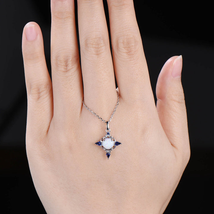 Celtic Knot Opal Pendant Necklace, 14K Rose Gold, Sapphire Accents - PENFINE