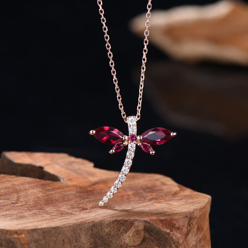 Vintage dragonfly necklace Unique lab red ruby necklace pendant cute silver 14k rose gold July birthstone pendant handmade proposal gifts - PENFINE