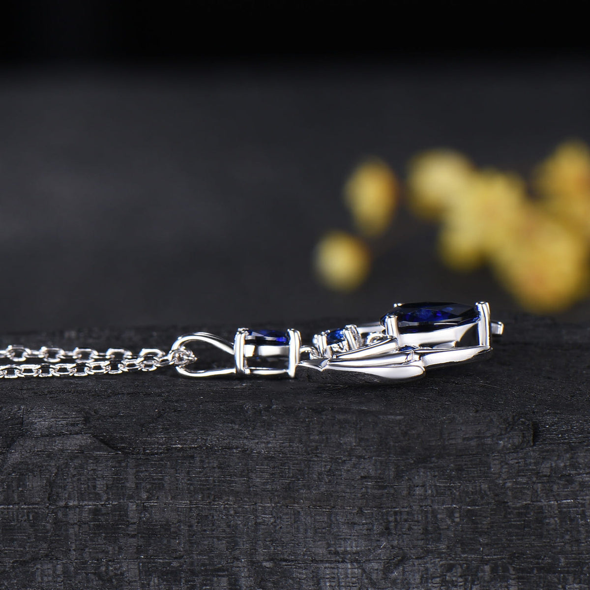 Gothic Bat Sapphire Necklace, Pear Cut Blue Sapphire Pendant, Vampire Bat Wings Jewelry, Dark Academia Charm, Halloween Gift for Her