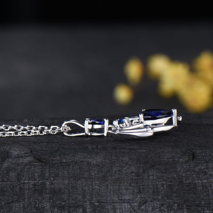 Gothic Bat Sapphire Necklace, Pear Cut Blue Sapphire Pendant, Vampire Bat Wings Jewelry, Dark Academia Charm, Halloween Gift for Her