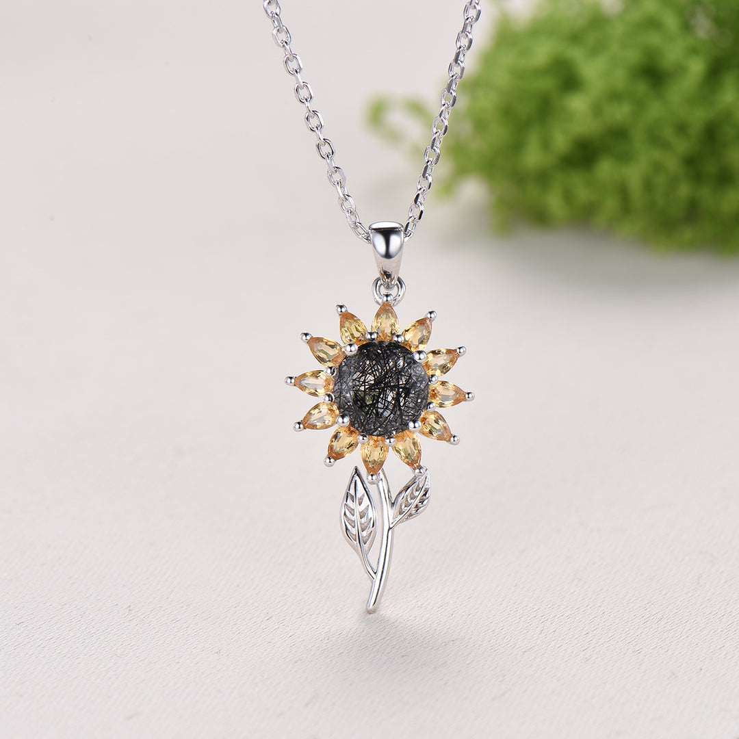 Black Rutilated Quartz Sunflower Necklace, Citrine Halo, 14K Gold Floral Pendant - PENFINE