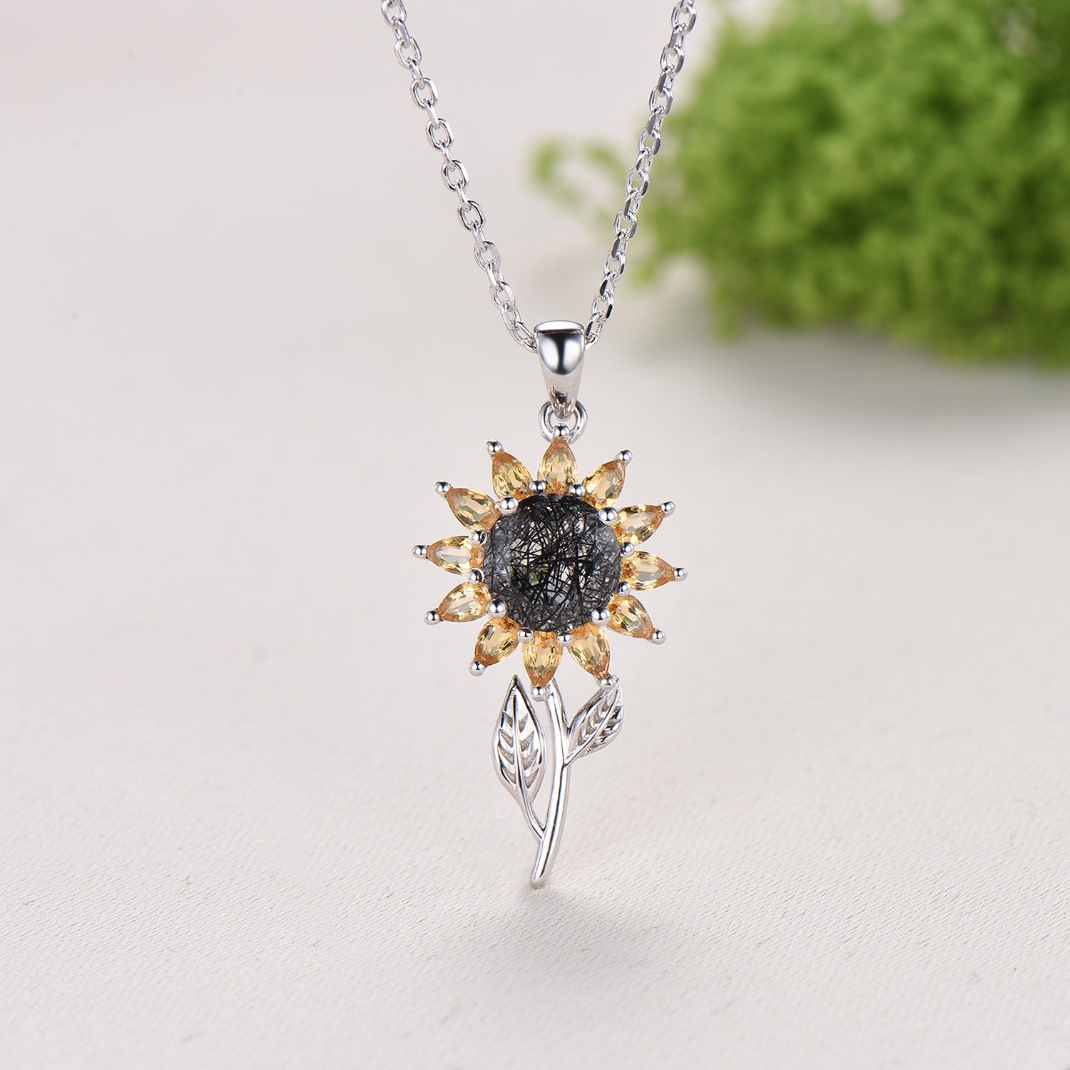Black Rutilated Quartz Sunflower Necklace, Citrine Halo, 14K Gold Floral Pendant - PENFINE