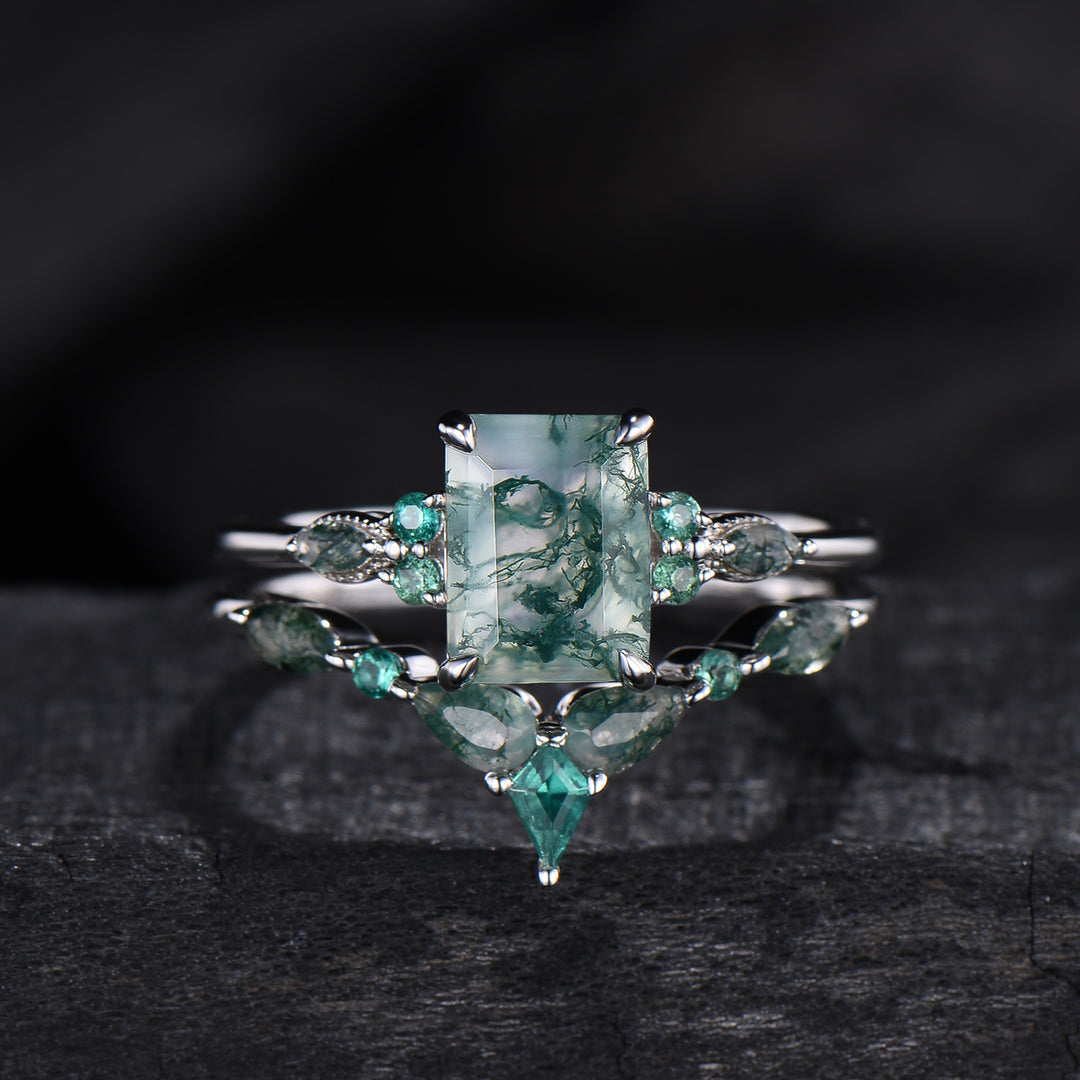 Unique Emerald Cut Natural Moss Agate Engagement Ring Set Seven Stone Green Gemstone Wedding Ring Set 14K Rose Gold Emerald Bridal Set Women - PENFINE