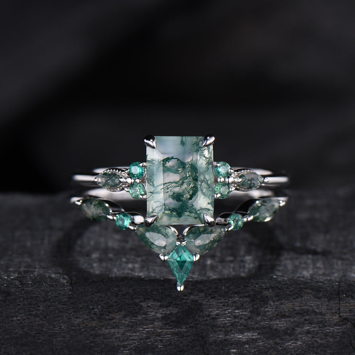 Unique Emerald Cut Natural Moss Agate Engagement Ring Set Seven Stone Green Gemstone Wedding Ring Set 14K Rose Gold Emerald Bridal Set Women - PENFINE