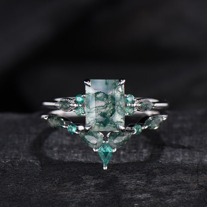 Unique Emerald Cut Natural Moss Agate Engagement Ring Set Seven Stone Green Gemstone Wedding Ring Set 14K Rose Gold Emerald Bridal Set Women - PENFINE