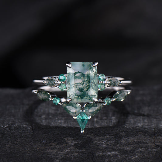Unique Emerald Cut Natural Moss Agate Engagement Ring Set Seven Stone Green Gemstone Wedding Ring Set 14K Rose Gold Emerald Bridal Set Women - PENFINE