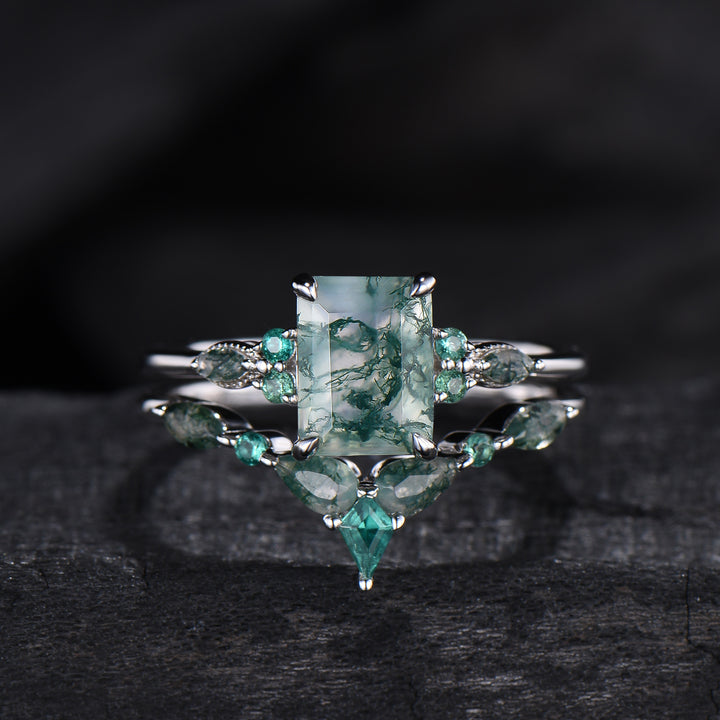 Unique Emerald Cut Natural Moss Agate Engagement Ring Set Seven Stone Green Gemstone Wedding Ring Set 14K Rose Gold Emerald Bridal Set Women - PENFINE