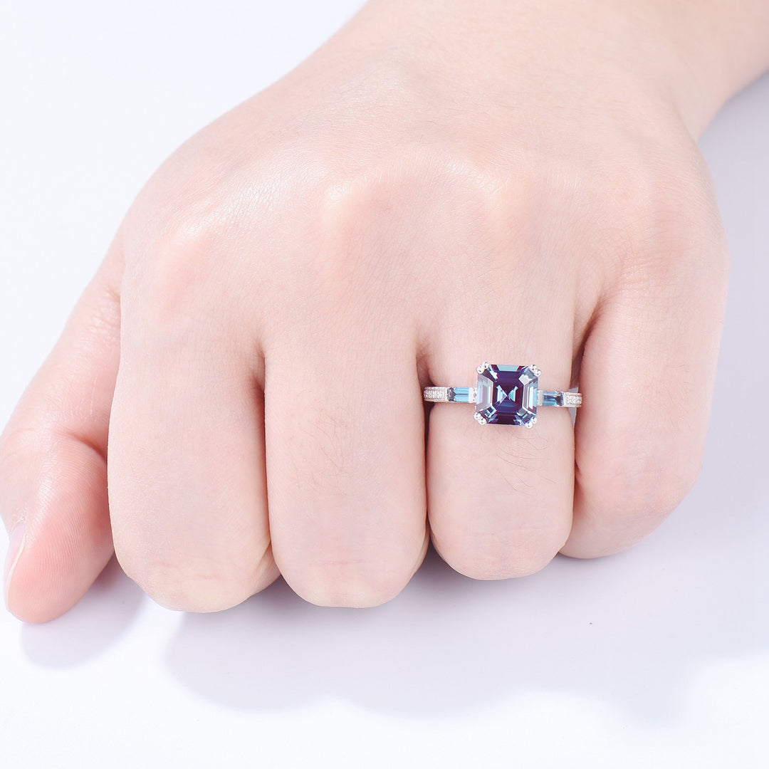 Unique asscher cut alexandrite engagement ring, hidden halo basket setting, 3 stone baguette color change June birthstone anniversary ring - PENFINE