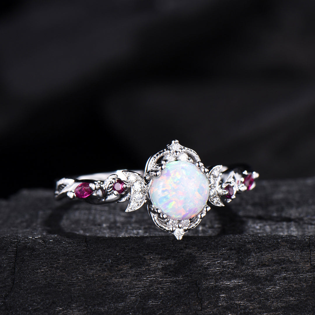 Vintage White Opal Ring | Gothic Celestial Crescent Moon & Ruby Accent Design