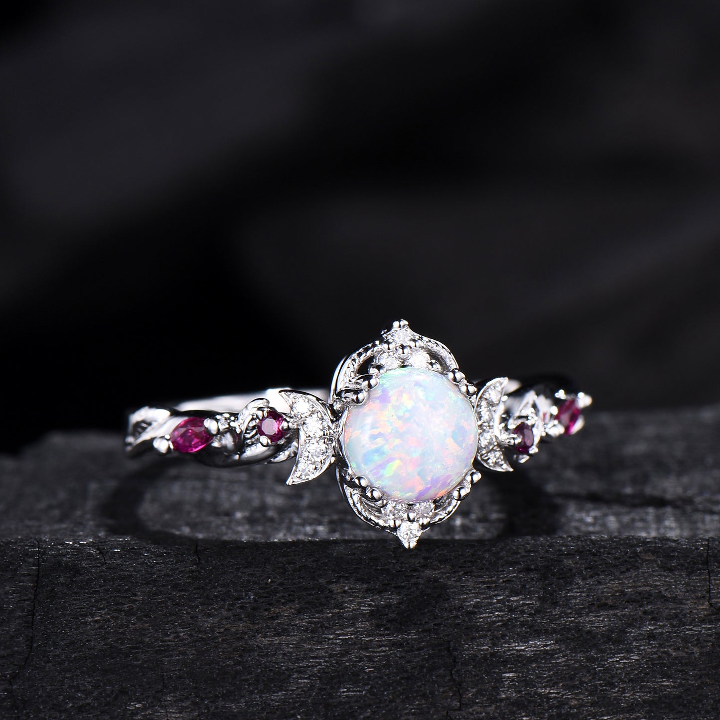 Vintage White Opal Ring | Gothic Celestial Crescent Moon & Ruby Accent Design