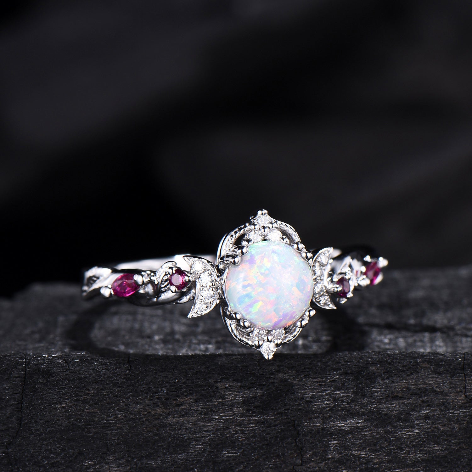 Vintage White Opal Ring | Gothic Celestial Crescent Moon & Ruby Accent Design