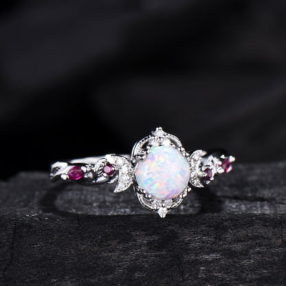 Vintage White Opal Ring | Gothic Celestial Crescent Moon & Ruby Accent Design