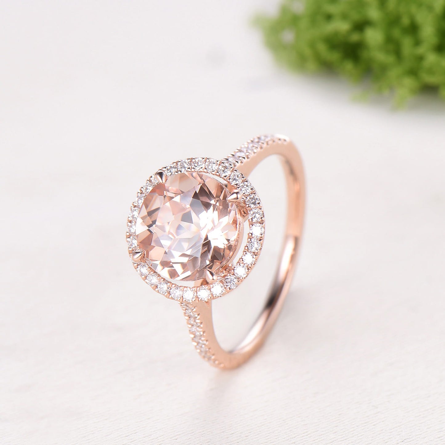 Retro Round Cut Morganite Engagement Ring Rose Gold, Hidden Diamond Halo Basket Setting